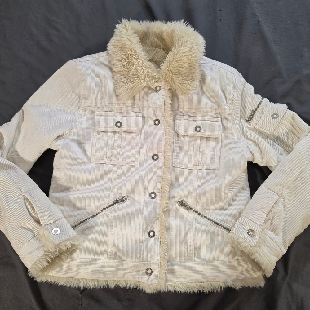JLO Jennifer Lopez Cream Corduroy Faux Fur Lined Jacket Off White Womens Large